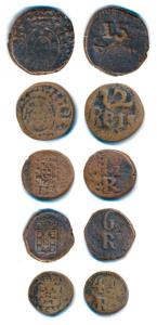Goa, Joao, Copper 15, 12, 7½, 6 and 4½ Reis, crowned arms on obv., value within sprays on 