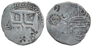 Goa, Peter II (1683-1706 AD), Silver ½ Xerafim, 5.15g, AD 16X4, obv. crown arms divide GA 