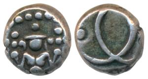 Silver Fanam, 0.92g, reduced weight, crude, Vishnu standing on obv., interlocked C’s for C
