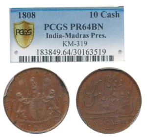 Copper 10 Cash, coat of arms of the EIC and date 1808 on obv., value in English on rev., m