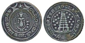 Silver ¼ Pagoda, 10.6g, 2nd issue, 1808, value in English and Persian on ribbon around Gop