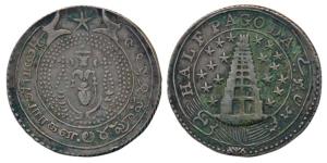 Silver ½ Pagoda, 2nd issue, 1808, value in English and Persian on ribbon around Gopuram on
