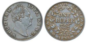 William IV, Silver Rupee, 1835, Calcutta Mint, F incuse, No dot after F, A II, Two Leaves,