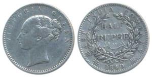 Victoria Queen, Silver ½ Rupee, 1840, Continuous Legend, Bombay Mint, English Head, 19 Ber
