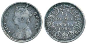 Victoria Queen, Silver ¼ Rupee, 1862, Calcutta Mint, A / I, No mint mark (Pr 376). About V
