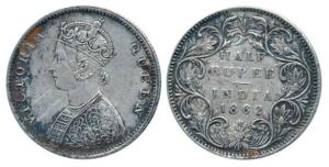 Victoria Queen, Silver ½ Rupee, 1862, Bombay Mint, B1 / II, Round pearls in the crown (Pr 