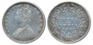 Victoria Queen, Silver ½ Rupee, 1862, Madras Mint, B2 / II, Elongated pearls in the crown 