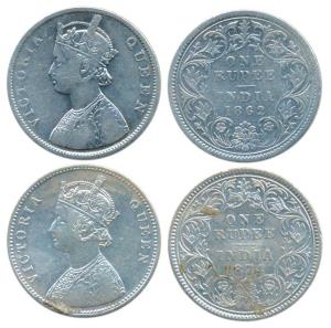 Victoria Queen, Silver Rupee (2), 1862, Calcutta Mint, B/III, 150 ridges, 30.6 mm; 1874, C