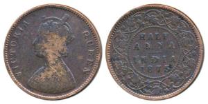 Victoria Queen, Copper ½ Anna, 1875. Fine, Rare.
