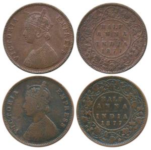 Victoria Empress, Copper ½ Anna, 1877, Bombay Mint, Bust B, 4 panels to the jabot with tin