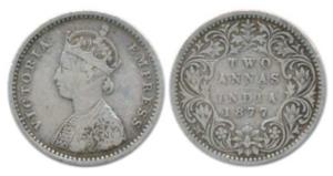 Victoria Empress, Silver 2 Annas, 1877, Bombay Mint, A / I / dot (Pr 520). Very Fine. Scar