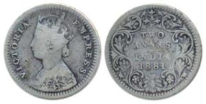Victoria Empress, Silver 2 Annas, 1881, Bombay Mint, B / II / dot (Pr 524). Fine+, Rare.