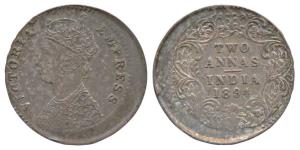 Victoria Empress, Silver 2 Annas, Error, off-center on obv. and rev., 1894, Bombay Mint, ’