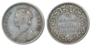 Victoria Queen, Silver ¼ Rupee, 1874, Bombay Mint, A / I / dot (Pr 405). Very Fine+, Scarc