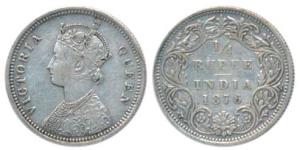 Victoria Queen, Silver ¼ Rupee, 1876, Bombay Mint, A / I, No mint mark (Pr 407). Very Fine