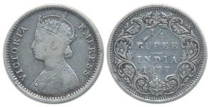 Victoria Empress, Silver ¼ Rupee, 1877, Bombay Mint, B / I / Dot (Pr 409). Fine+, Rare.