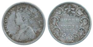 Victoria Queen, Silver ½ Rupee, 1874, Bombay Mint, B1 / II / Dot (Pr 284). Fine+, Rare.