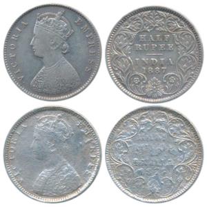 Victoria Empress, Silver ½ Rupee (2), 1877, Bombay Mint, B2 / II/ dot; 1887, Calcutta Mint
