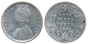 Victoria Empress, Silver ½ Rupee, 1882, Bombay Mint, B2 / II / Dot (Pr 290). Cleaned.