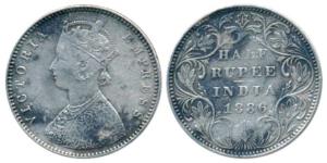 Victoria Empress, Silver ½ Rupee, 1886, Bombay Mint, A /II/ B raised (Pr 295). Very Fine.