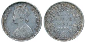Victoria Empress, Silver ½ Rupee, 1888, Bombay Mint, A /II / B raised (Pr 298). Very Fine+