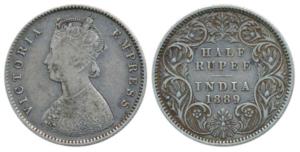 Victoria Empress, Silver ½ Rupee, 1889, Calcutta Mint, A / I / C incuse (Pr 273). Fine+.