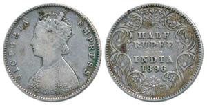 Victoria Empress, Silver ½ Rupee, 1896, Calcutta Mint, A / I / C incuse (Pr 279). Fine+.
