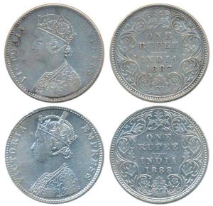 Victoria Empress, Silver Rupee (2), 1887, Calcutta Mint, A4/ I /C incuse; 1888, Bombay Min