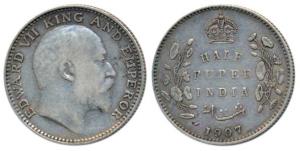 Edward VII, Silver ½ Rupee, 1907, Bombay Mint, B incuse (Pr 316). Very Fine+.