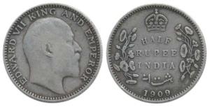 Edward VII, Silver ½ Rupee, 1909, Calcutta Mint, No mint mark (Pr 313). Very Fine.