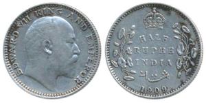 Edward VII, Silver ½ Rupee, 1909, Calcutta Mint, No mint mark (Pr 313). Very Fine+.
