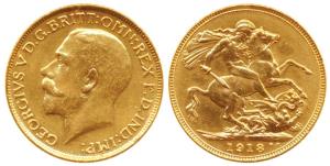 George V, Gold Sovereign, 8g, Bombay Mint, 1918, ’I’ mint mark for India on rev. (KM 525A)
