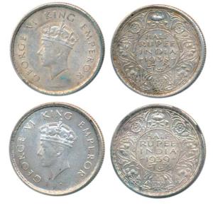 George VI, Silver ½ Rupee (2), 1938, Bombay Mint, A / I / dot; 1939, Bombay Mint, 1st head