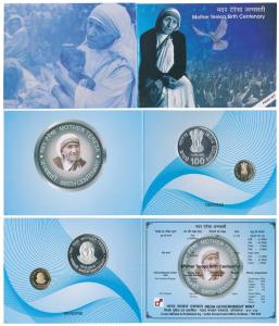 2010 Proof Set, Mother Teresa Birth Centenary, set of 2, Rupees 5 and 100. In immaculate c