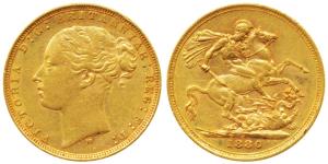 Australia, Victoria, Gold Sovereign, 8g, 1884, young head, Melbourne Mint, St. George slay