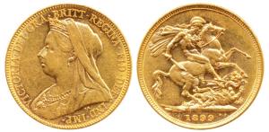 Australia, Victoria, Gold Sovereign, 8g, 1899, veiled head, St. George slaying a dragon on