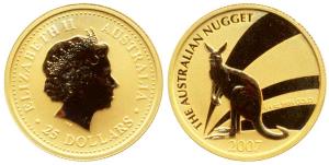 Australia, Elizabeth II, Gold 25 Dollars, 7.75g (¼ ounce), .9999 purity, 2007, Kangaroo on