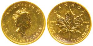 Canada, Elizabeth II, Gold 10 Dollar, 7.75g (¼ ounce), 1998, Maple leaf on rev. (KM 189). 