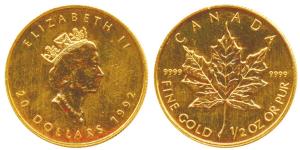 Canada, Elizabeth II, Gold 20 Dollars, 15.55g (½ ounce), 1992, Maple leaf on rev. (KM 190)