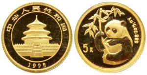 China, Gold 5 Yuan, 1.55g (1/20 ounce), 1995, Temple of Heaven on obv, Panda holding bambo