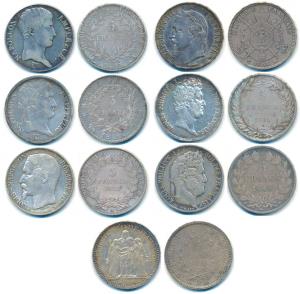 France, Silver 5 Francs (7), all different, Napoleon (2) AN 13 (1804/1805); 1811 B, Louis 