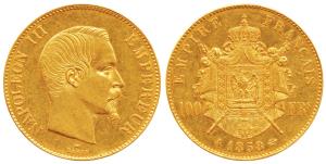 France, Napoleon III, Gold 100 Francs, 32.2581g, 1858A, Paris Mint, obv. bare head l. by B