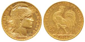 France, Gold 20 Francs, 6.5g, 1908, Liberty on obv. rooster divides value on rev. (KM 857)