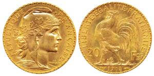 France, Gold 20 Francs, 6.5g, 1914, Liberty on obv. rooster divides value on rev. (KM 857)