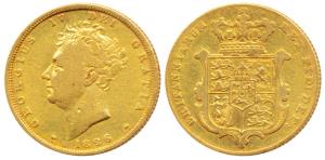 Great Britain, George IV, Gold Sovereign, 8g, shield on rev., 1829 (KM 696). About Very Fi