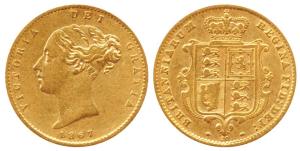 Great Britain, Victoria Queen, Gold ½ Sovereign, 4g, 1867, young head, shield on rev. (KM 