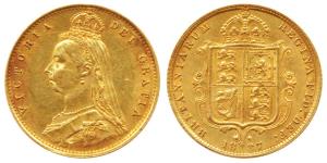 Great Britain, Victoria Queen, Gold ½ Sovereign, 4g, 1887, jubilee head, shield on rev. (K