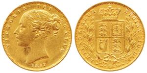 Great Britain, Victoria Queen, Gold Sovereign, 8g, 1853, young head, shield on rev. (KM 73