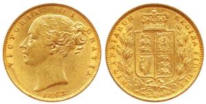 Great Britain, Victoria Queen, Gold Sovereign, 8g, 1862, young head, shield on rev. (KM 73