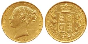 Great Britain, Victoria Queen, Gold Sovereign, 8g, 1864, young head, shield on rev. (KM 73